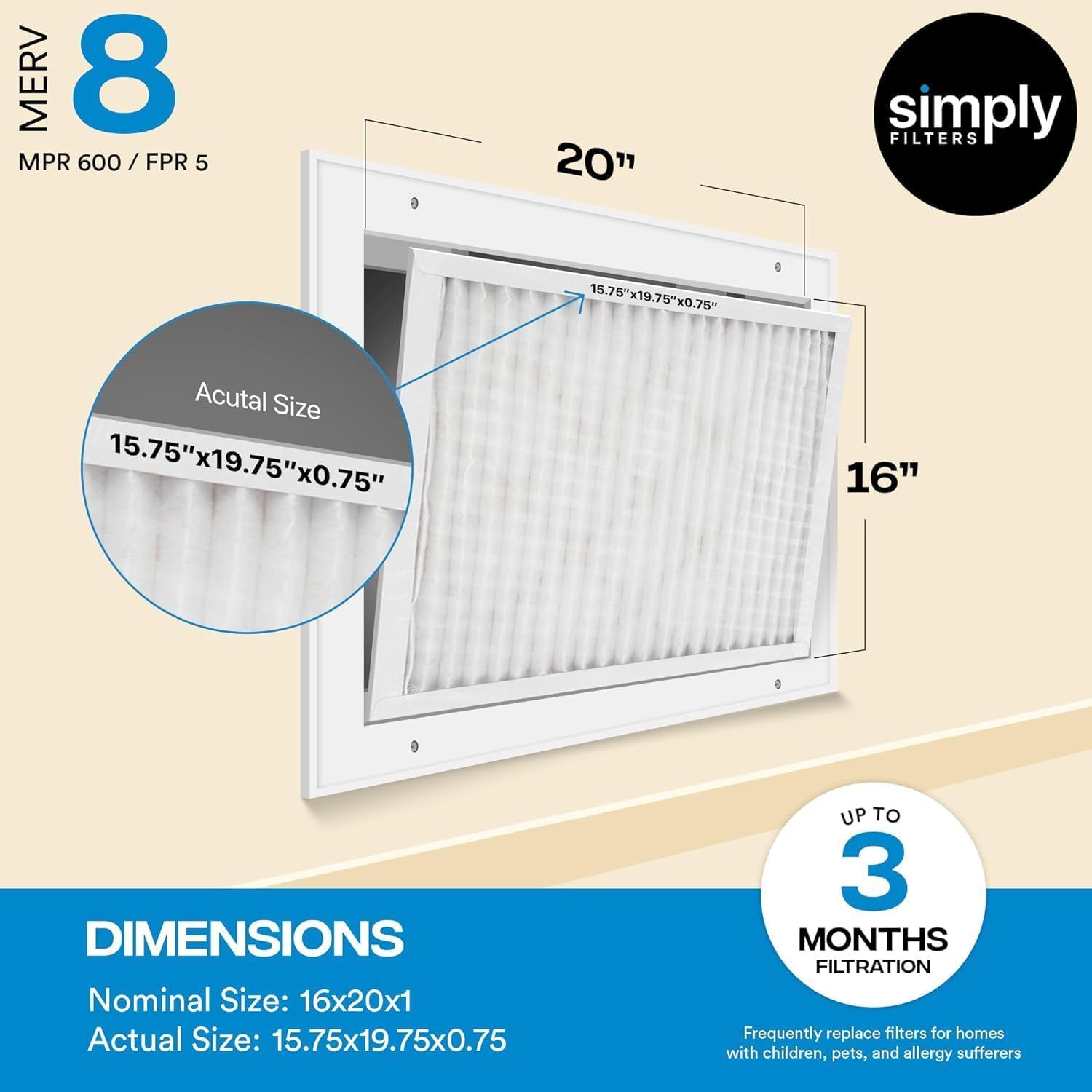 Communicates the exact physical dimensions of the air filter (both nominal and actual size) to help shoppers ensure proper fit for their HVAC system.