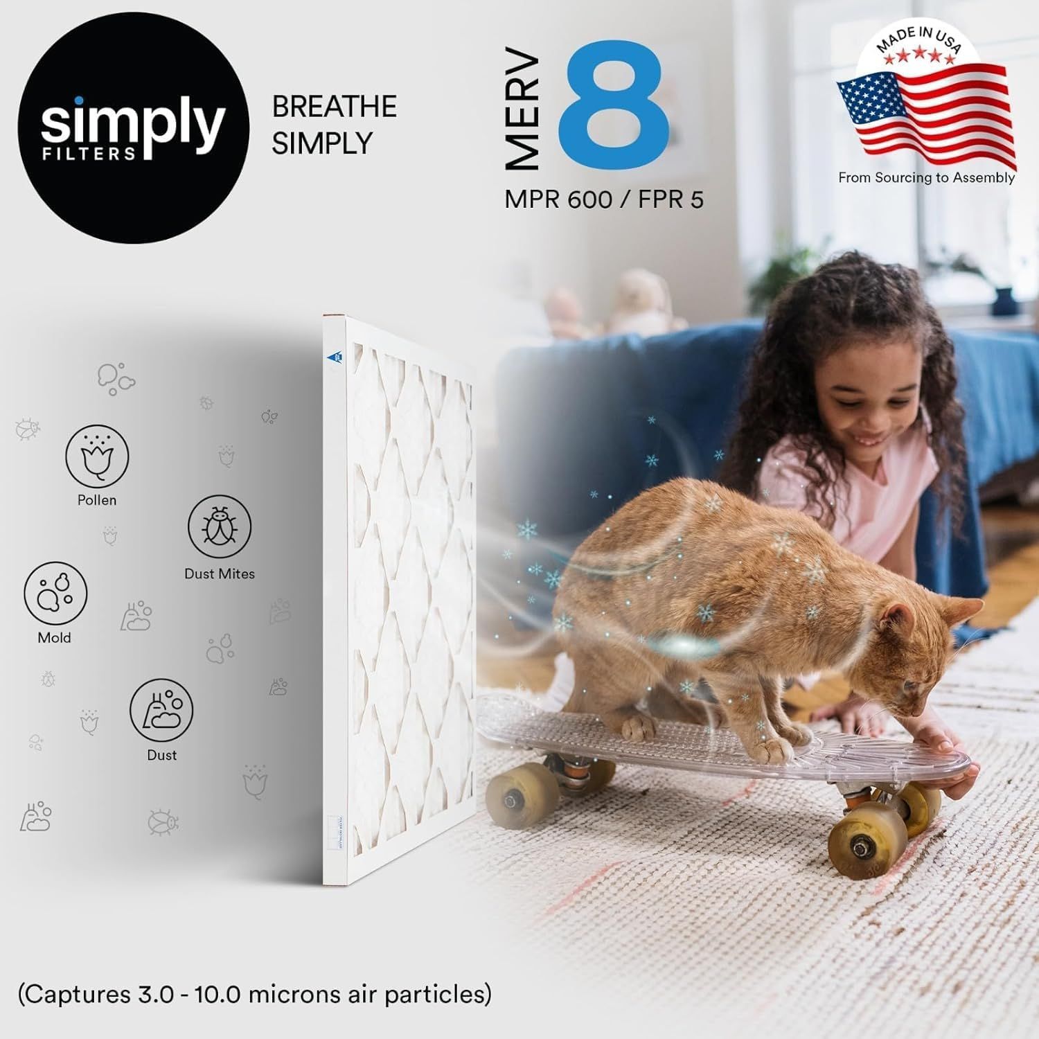 Communicates multiple distinct benefits of the air filter including its MERV 8 rating, ability to capture various allergens (pollen, dust mites, mold, dust), particle size range, and USA…