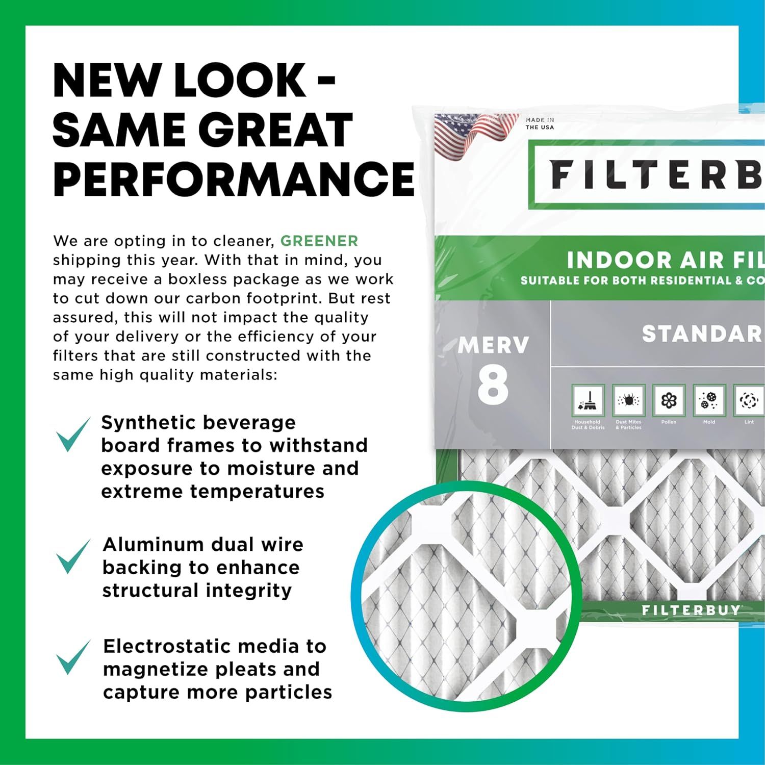 Communicates multiple product features and materials that ensure quality and performance while highlighting the brand's commitment to greener, more sustainable shipping practices.