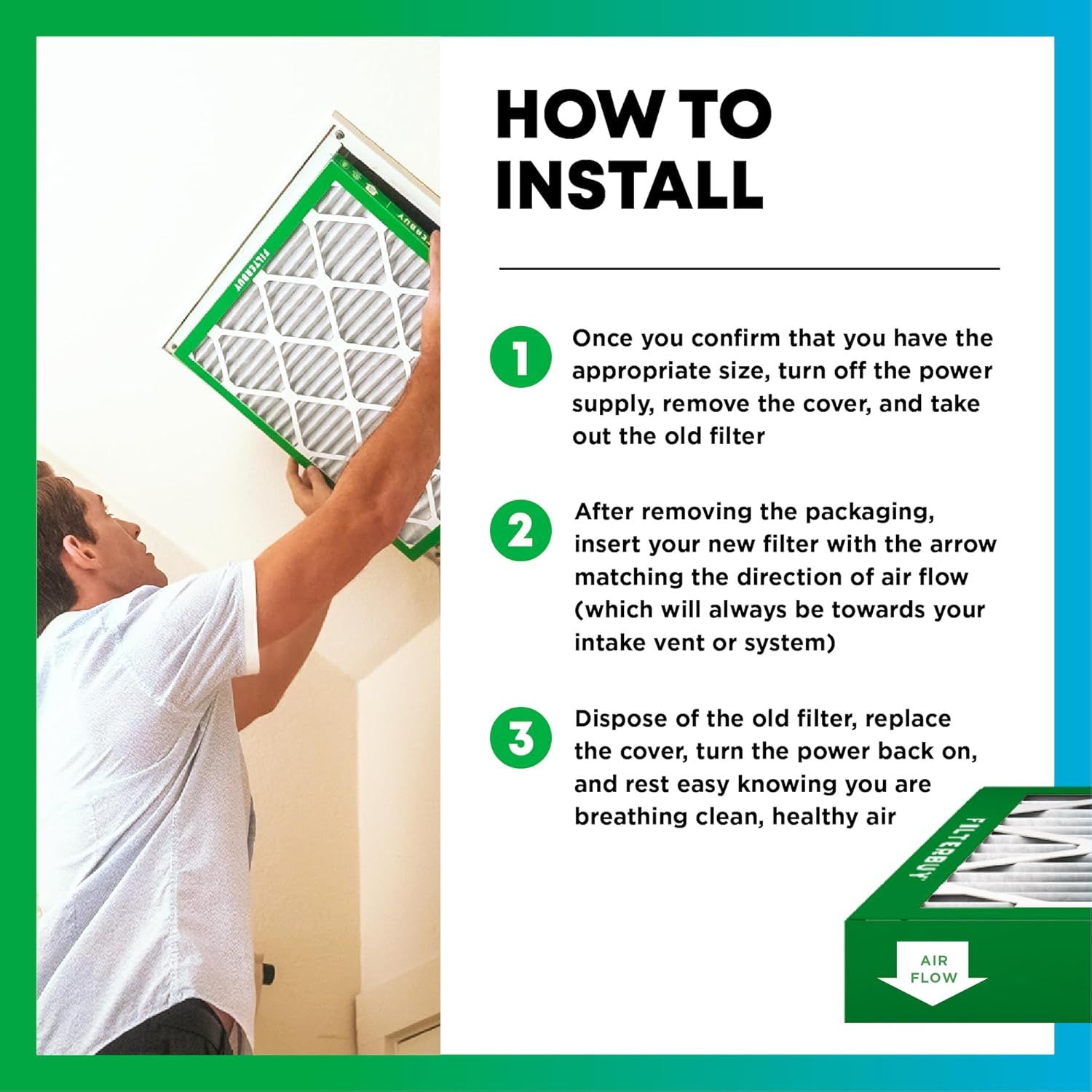 Provides step-by-step instructions on how to install and replace an air filter, making the process easy and accessible for customers.