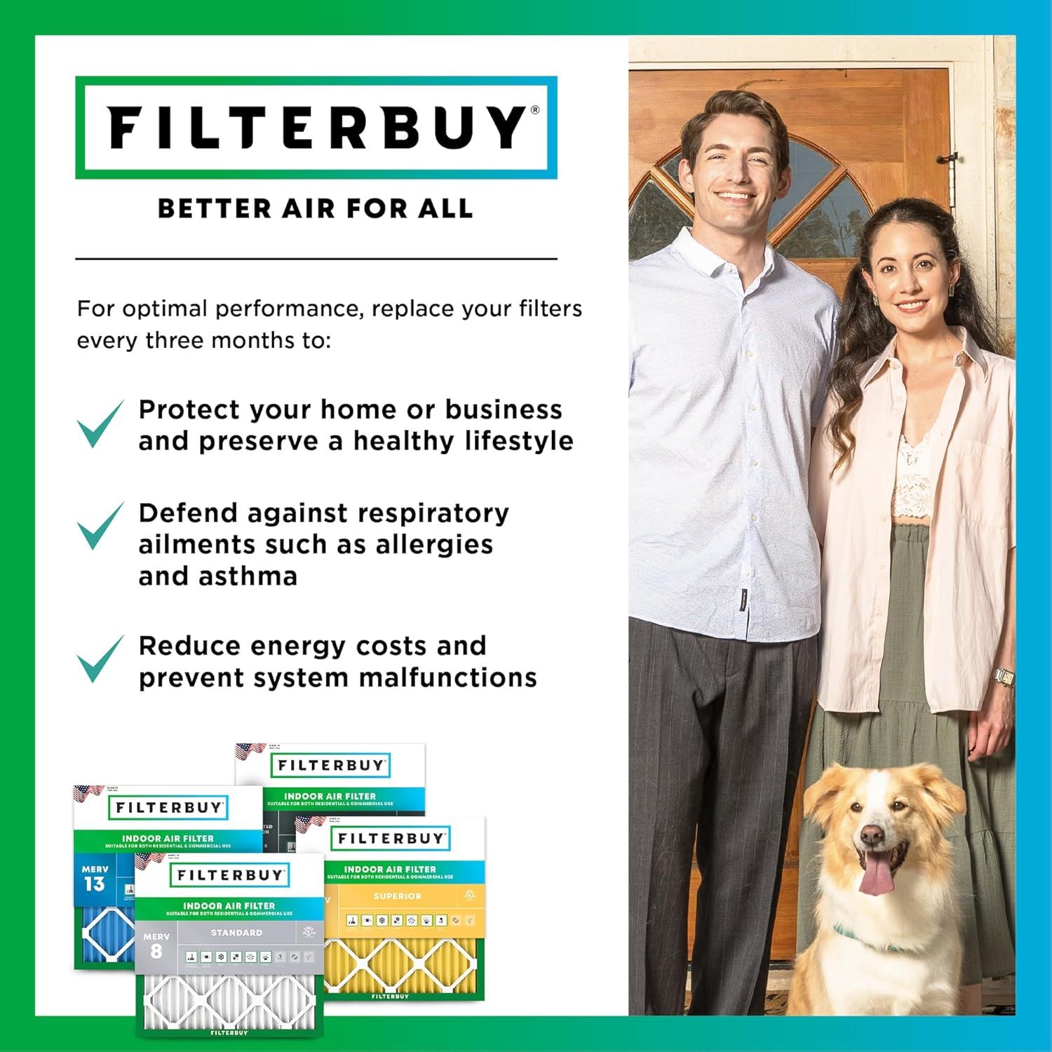 Communicates multiple benefits of regular filter replacement: protecting the home and lifestyle, defending against allergies and asthma, and reducing energy costs while preventing system malfunctions.