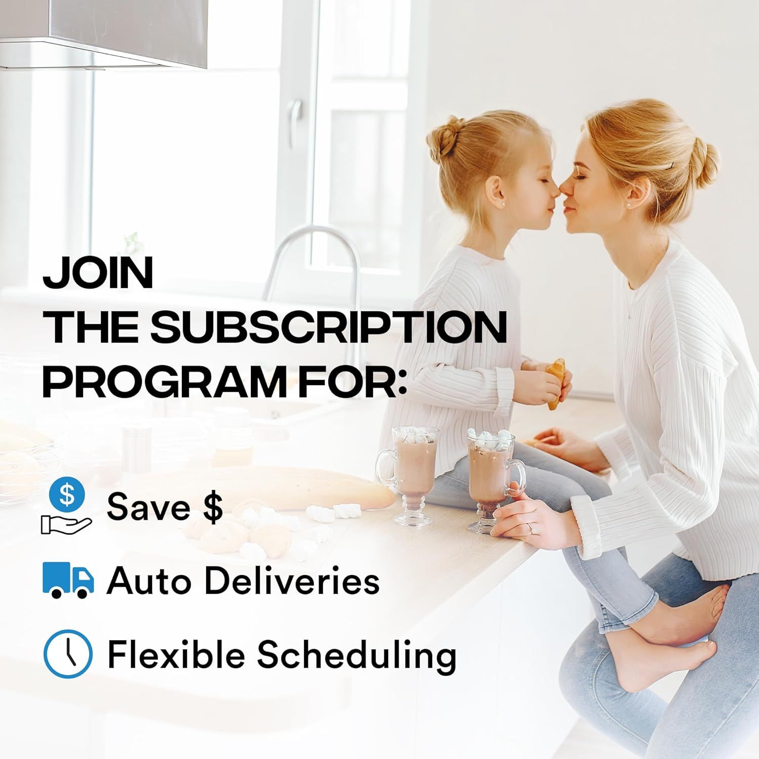 Promotes a subscription program by highlighting three distinct benefits: cost savings, automatic delivery convenience, and flexible scheduling options to encourage shoppers to subscribe.