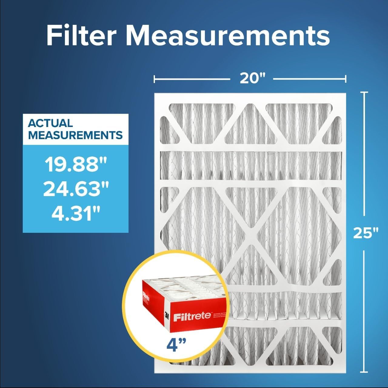 Clarifies the actual physical dimensions of the air filter (19.88" x 24.63" x 4.31") compared to the nominal size (20" x 25" x 4") to help shoppers understand the true size and ensure proper fit.
