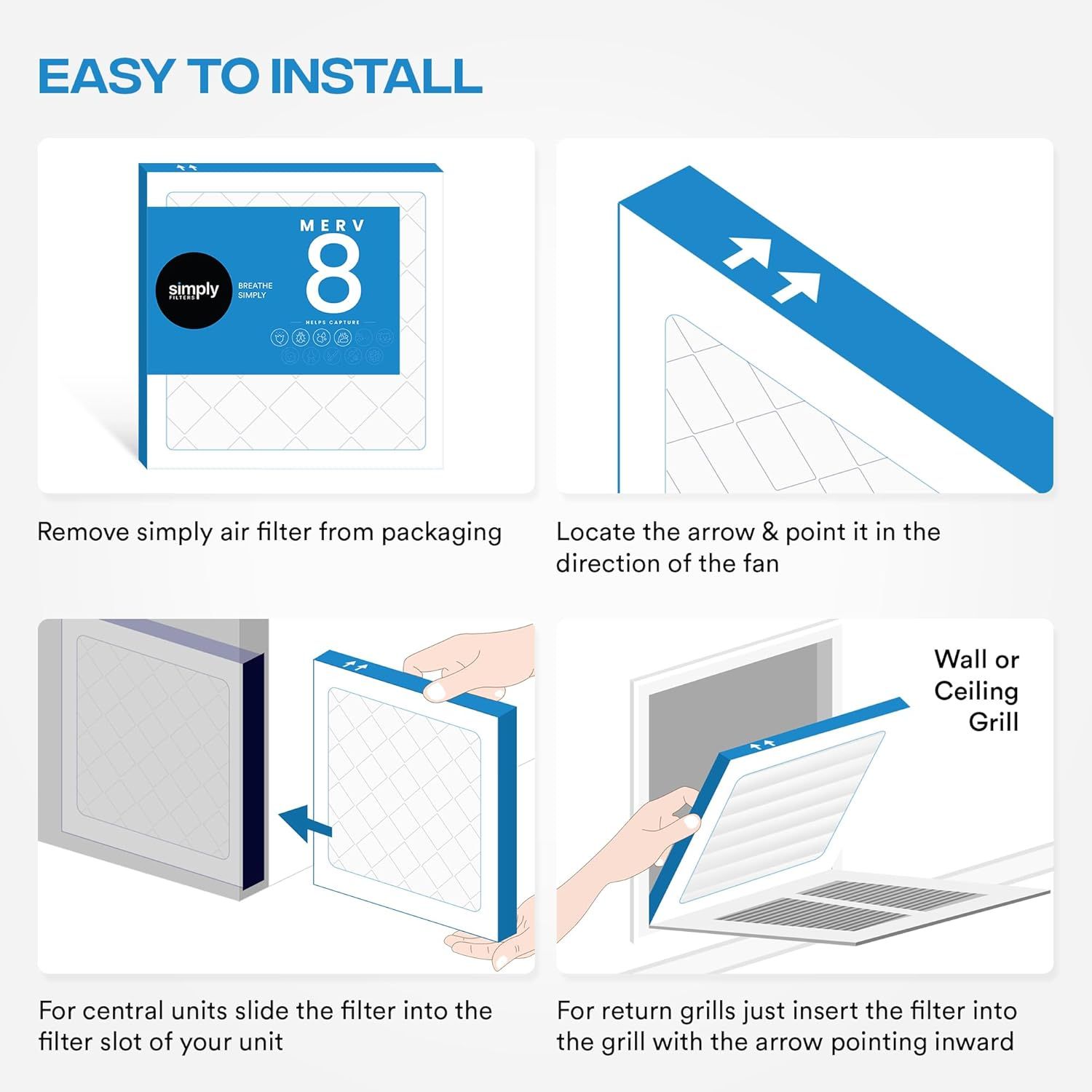 Demonstrates the step-by-step installation process for the air filter to reassure shoppers that setup is simple and straightforward.