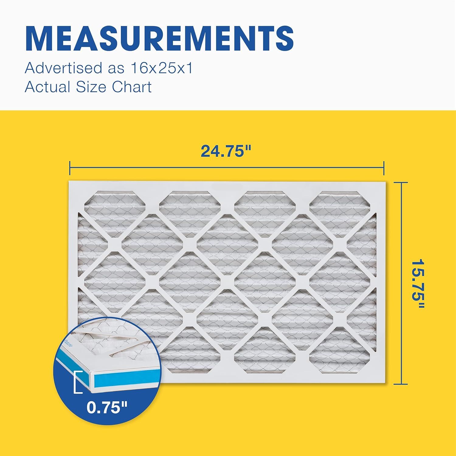 Clarifies the true physical dimensions of the air filter to help shoppers understand the exact size they will receive, addressing potential confusion between advertised and actual measurements.