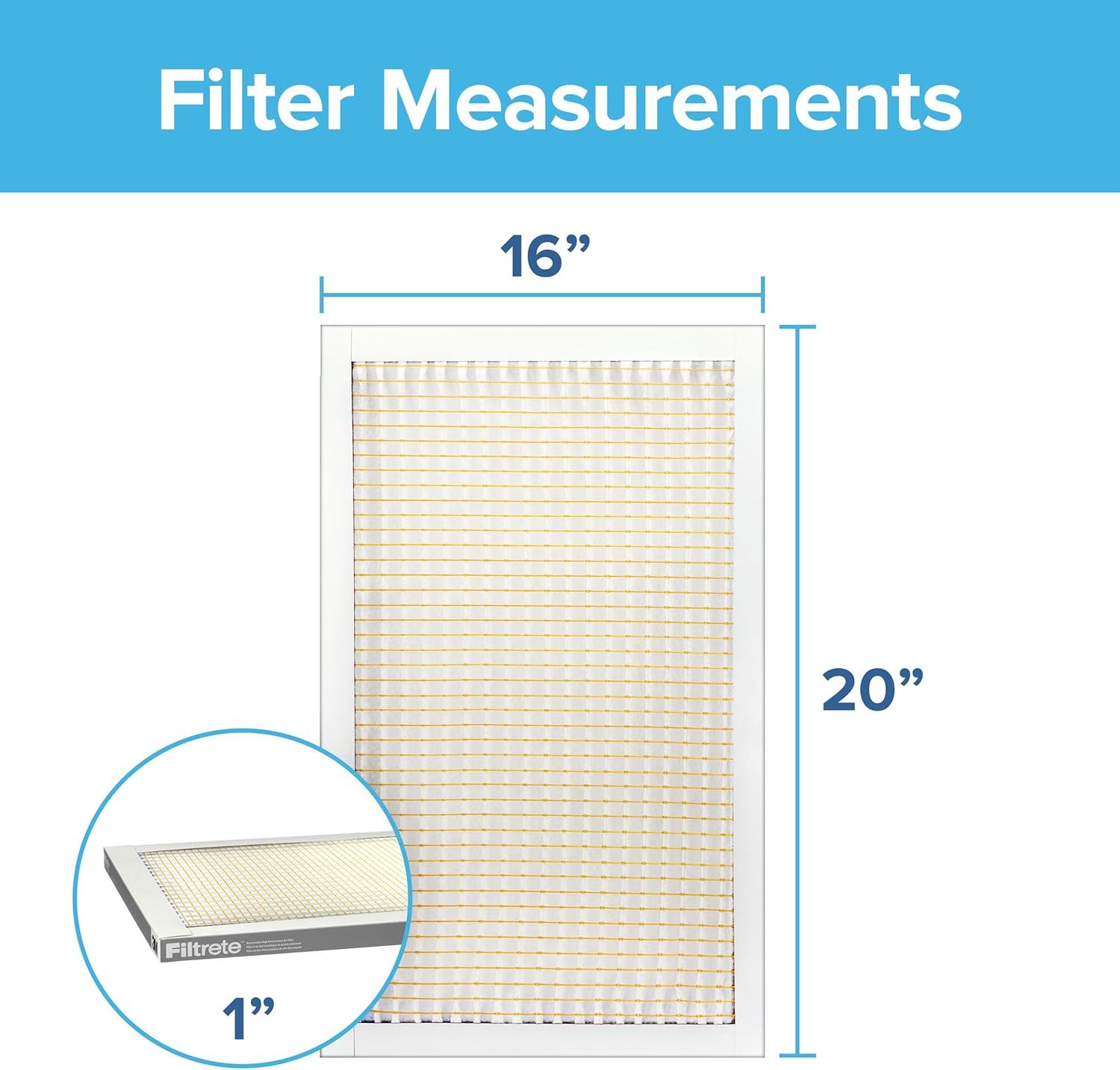 Communicates the exact physical dimensions of the filter (16 inches by 20 inches by 1 inch) to help shoppers verify compatibility with their HVAC system or air purifier.
