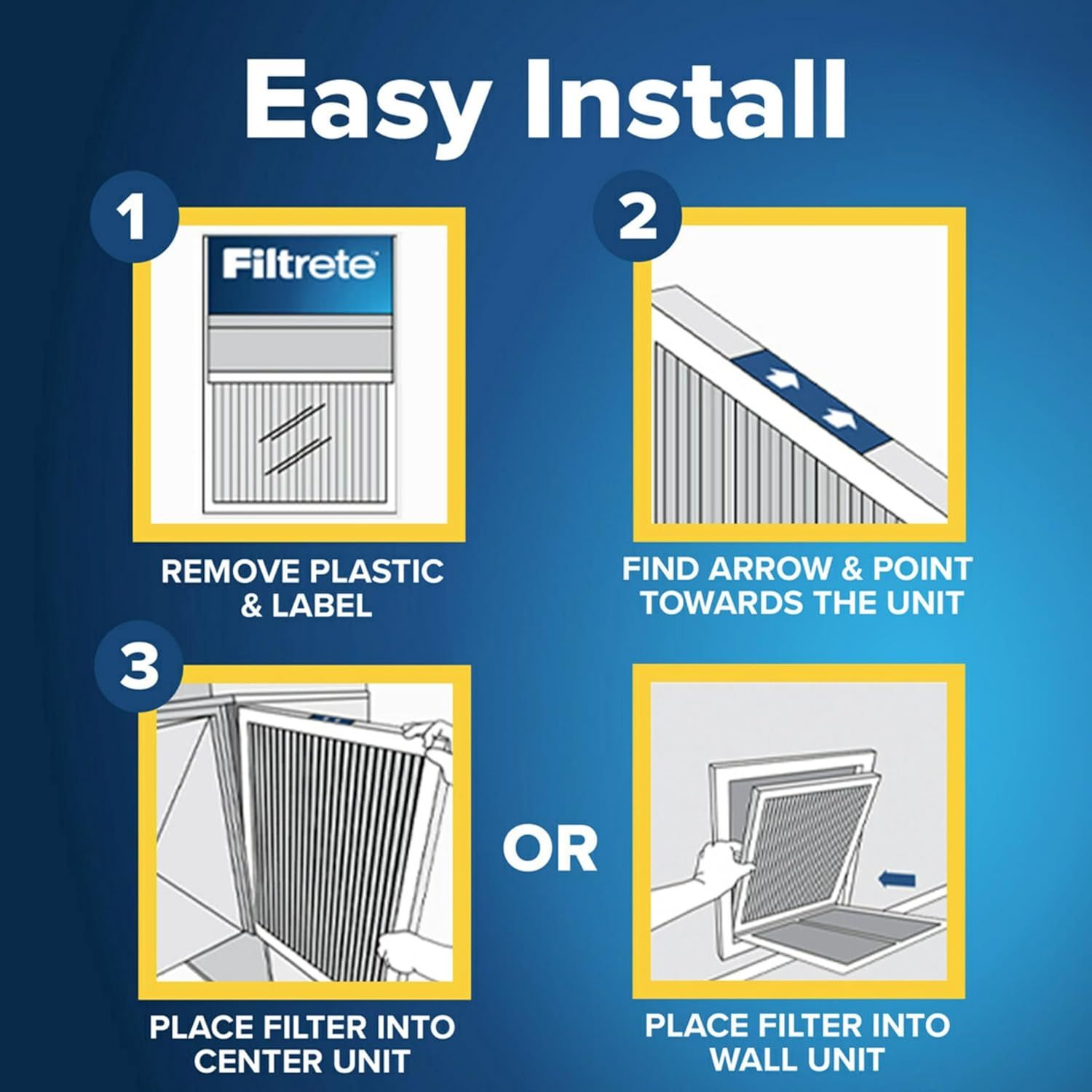 Demonstrates the simple 3-step installation process for the Filtrete air filter, reassuring shoppers that setup is quick and straightforward.