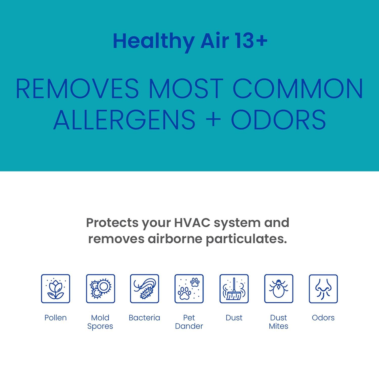 Communicates the air filter's ability to remove multiple types of allergens and odors while protecting the HVAC system, reassuring shoppers of comprehensive air quality improvement.