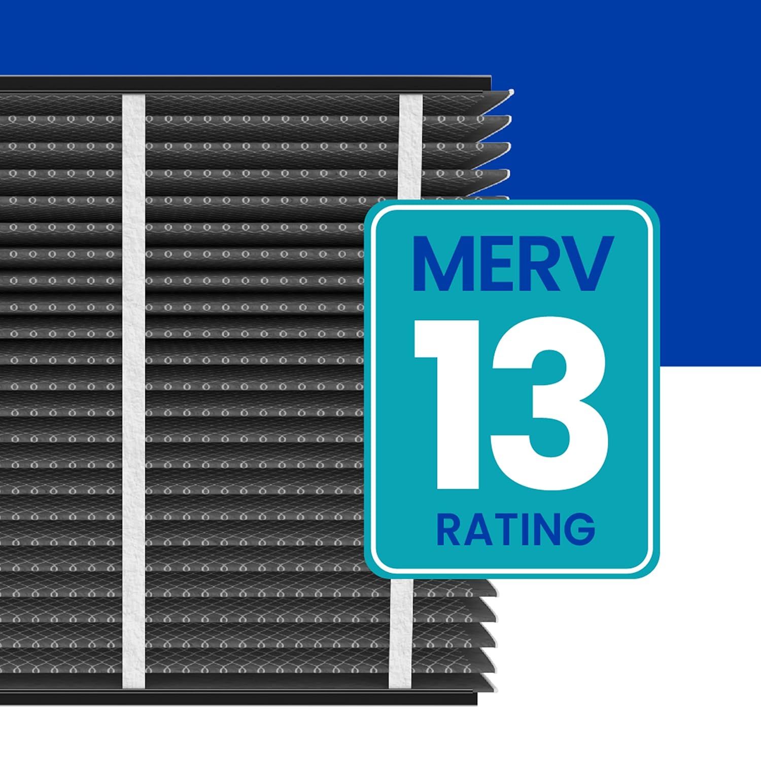 Communicates the air filter's MERV 13 rating to reassure shoppers of its high filtration efficiency and ability to capture small particles.