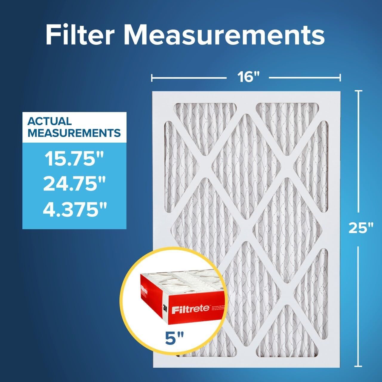 Clarifies the exact physical dimensions of the air filter (15.75" x 24.75" x 4.375") to help shoppers understand the true size versus the nominal 16" x 25" x 5" label, ensuring proper fit for their…