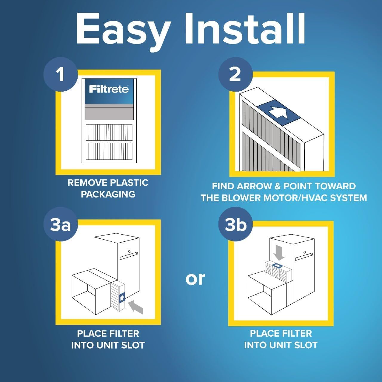 Provides clear step-by-step instructions to show shoppers how simple and straightforward it is to install the Filtrete air filter into their HVAC system.