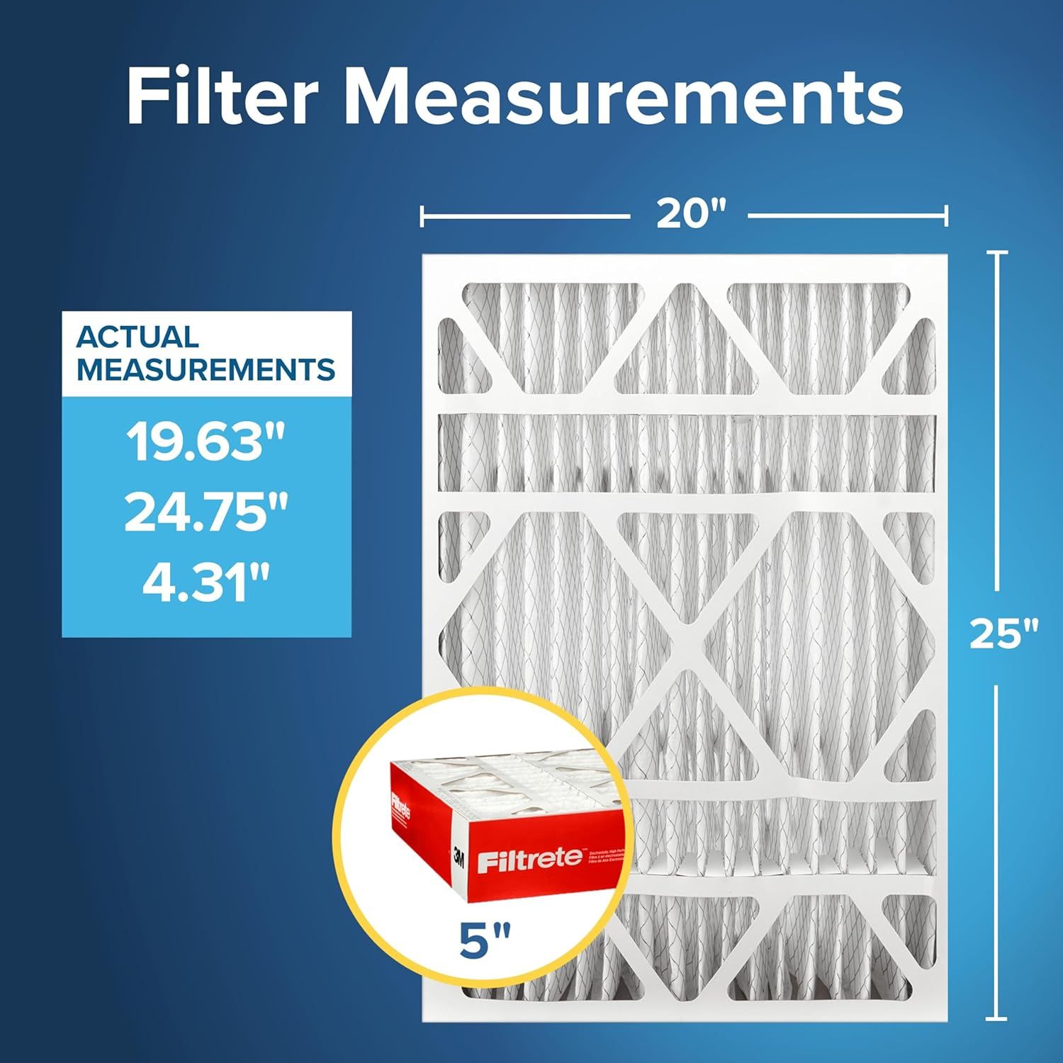 Communicates the exact physical dimensions of the air filter (19.63" x 24.75" x 4.31") to help shoppers verify compatibility with their HVAC system and understand the actual size versus nominal size.
