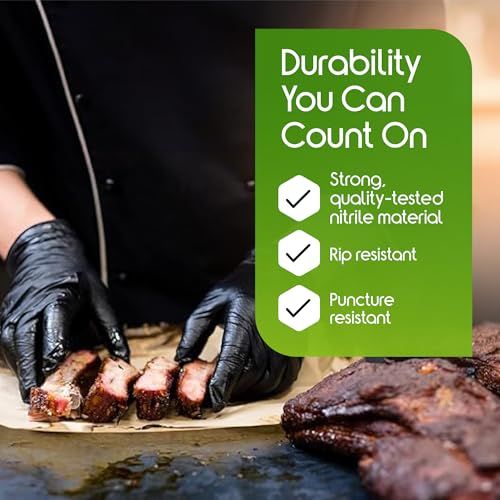 Communicates multiple durability benefits of the gloves to reassure shoppers that the product can withstand tough food handling tasks.