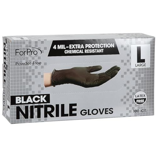 Communicates multiple key benefits of the nitrile gloves including extra thickness for protection, chemical resistance, powder-free comfort, and latex-free safety to help shoppers quickly understand…
