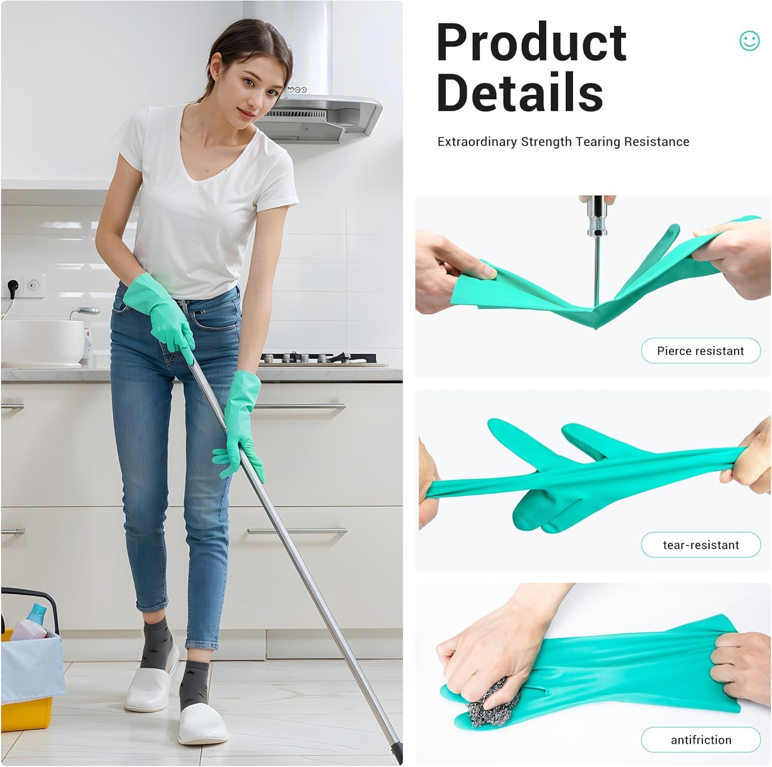 Demonstrates the durability and strength of the cleaning gloves through multiple visual tests, reassuring shoppers that the product can withstand tough cleaning tasks without tearing or puncturing.