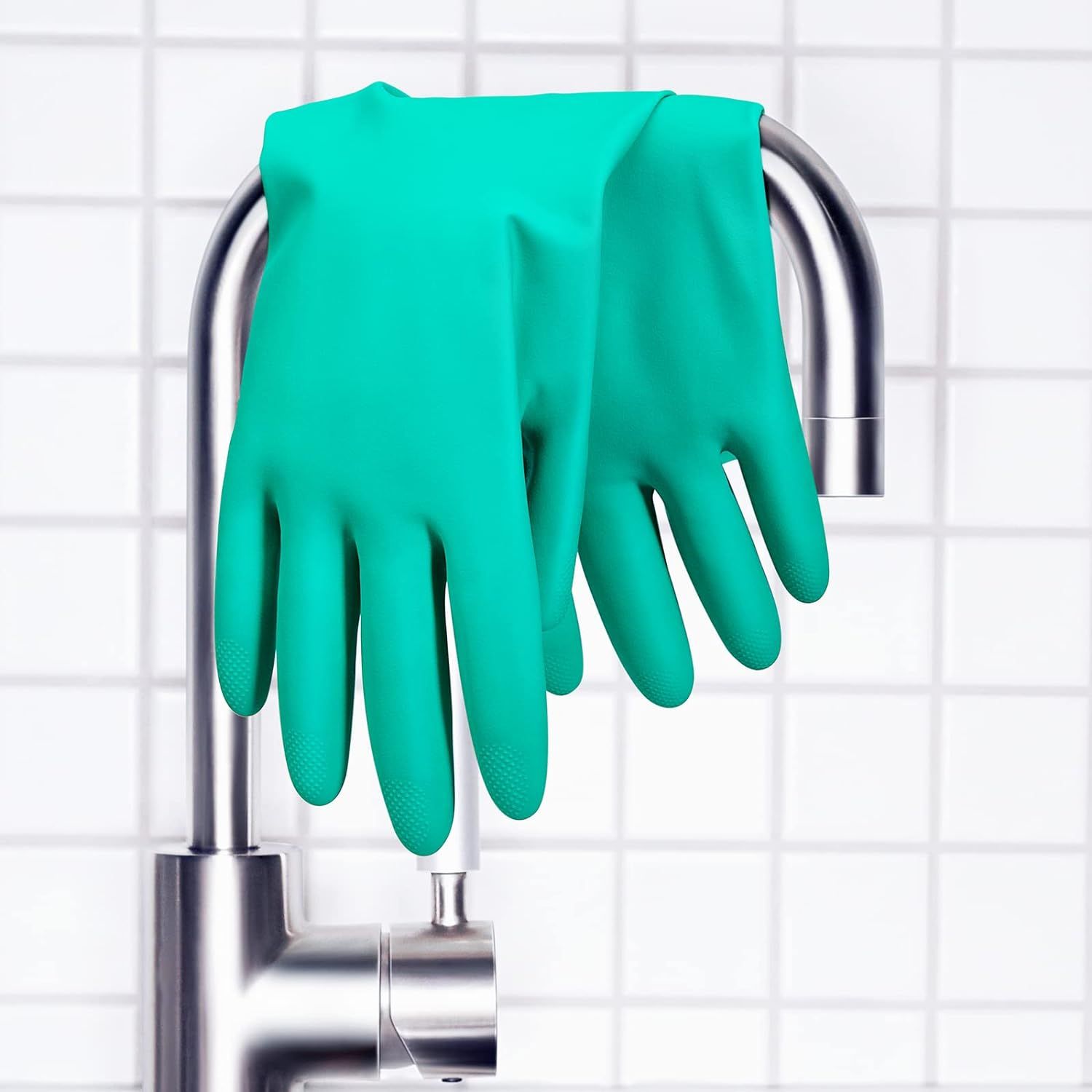 Provides a clean, catalog-style view of the cleaning gloves on a faucet in a kitchen setting, allowing shoppers to see the product clearly without distractions.