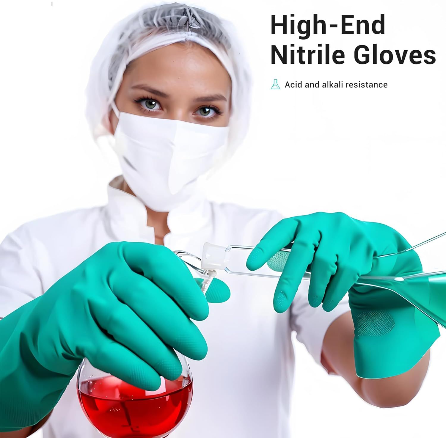Communicates that these high-end nitrile gloves provide chemical resistance, reassuring shoppers they are safe for laboratory and industrial use involving acids and alkalis.