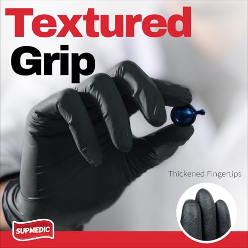 Highlights the glove's textured grip and thickened fingertips to communicate superior handling and control for precision tasks.