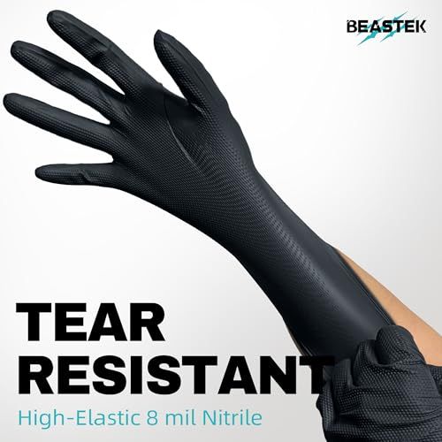 Highlights the glove's tear-resistant durability and high-elastic nitrile material to reassure buyers of its strength and reliability for demanding tasks.