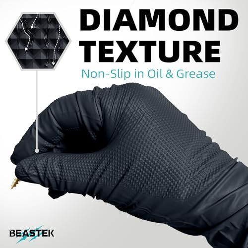 Highlights the diamond-textured grip surface that prevents slipping in oil and grease, reassuring users of secure handling in challenging work conditions.