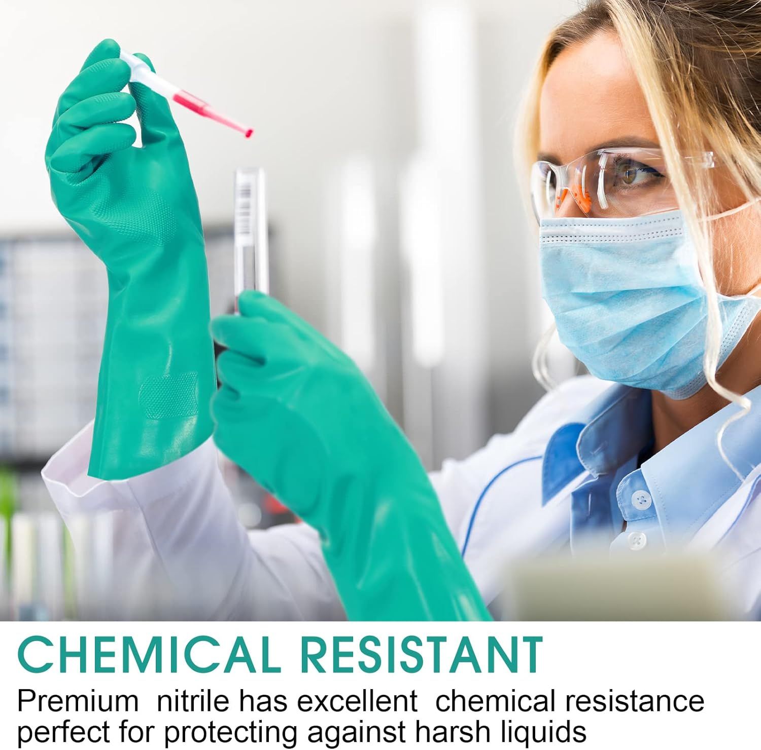 Communicates that the premium nitrile gloves provide excellent chemical resistance to protect users against harsh liquids, reassuring shoppers about safety and durability in laboratory or industrial…