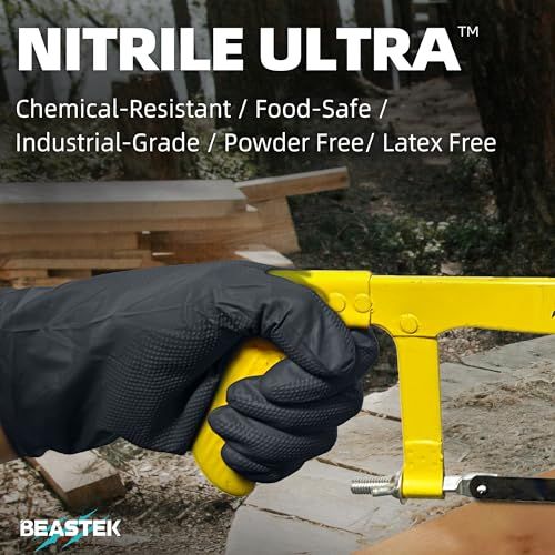 Communicates multiple key benefits of the Nitrile Ultra gloves to reassure shoppers about safety, durability, and suitability for various professional and industrial applications.