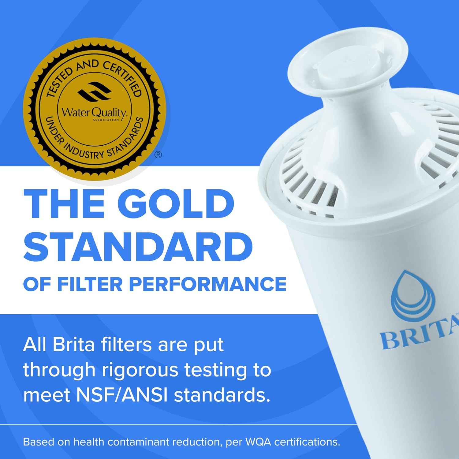 Communicates that the Brita filter meets rigorous third-party safety and quality standards, reassuring shoppers of the product's effectiveness and trustworthiness. Highlights the superior quality…