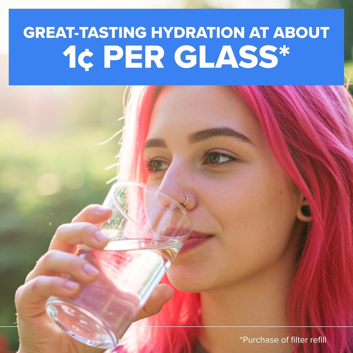 Communicates the affordability and value of the product by highlighting the low cost per glass (1 cent), making it an attractive economic benefit for shoppers. Reinforces the primary benefit of…