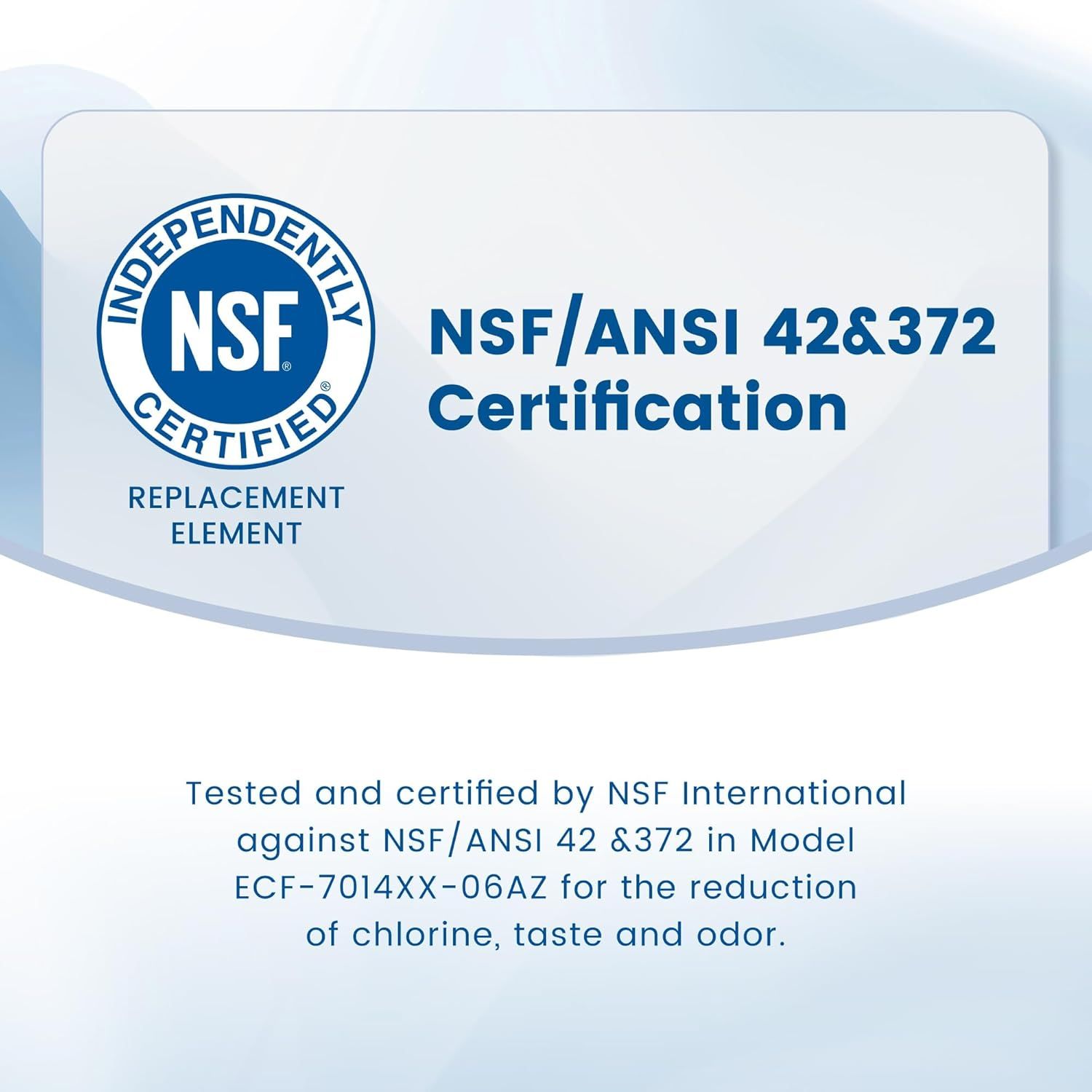 Communicates that the replacement element is independently certified by NSF International for safety and water quality standards, reassuring shoppers of its effectiveness and trustworthiness.