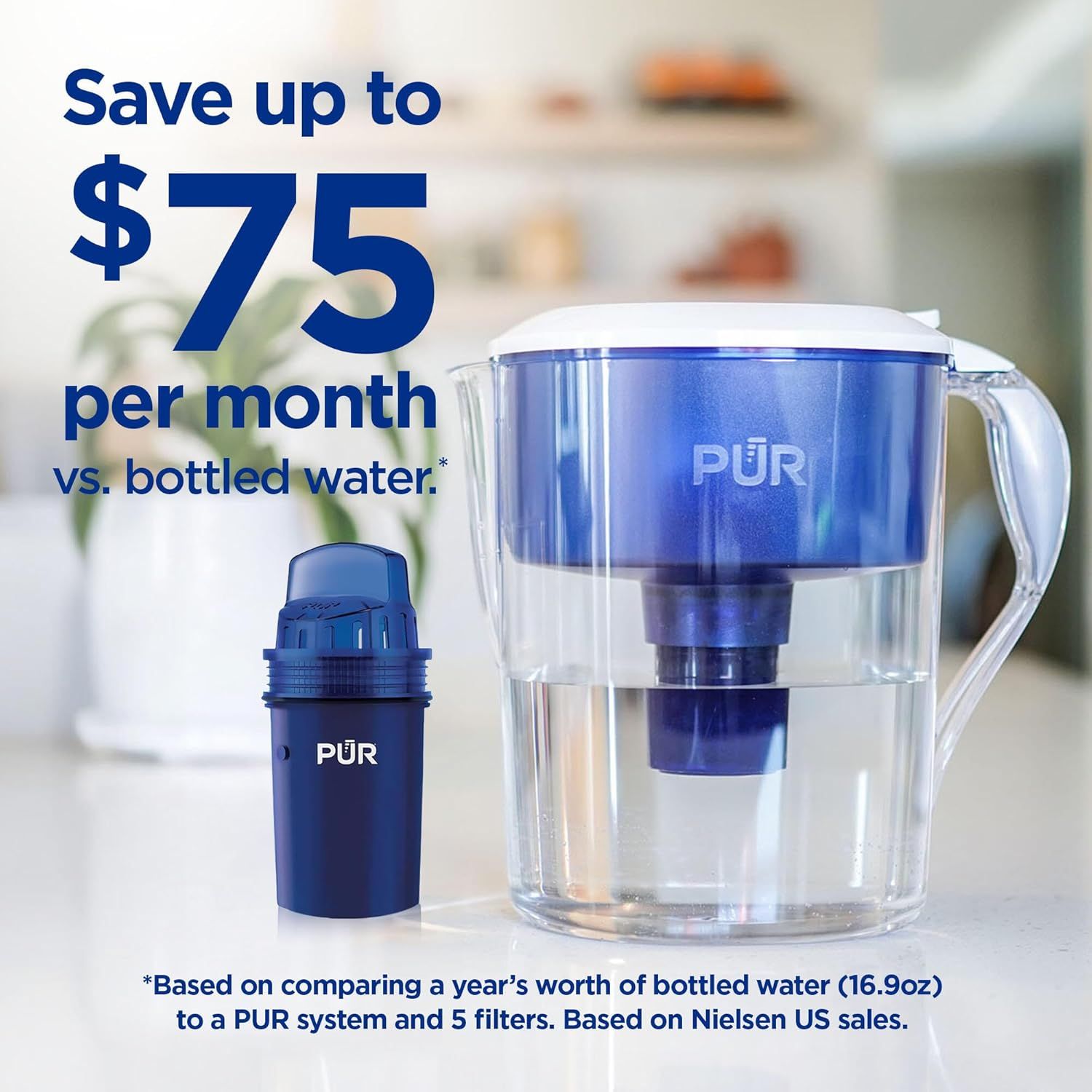 Communicates the significant cost savings ($75 per month) that shoppers can achieve by using the PUR water filtration system instead of buying bottled water, making the product financially…