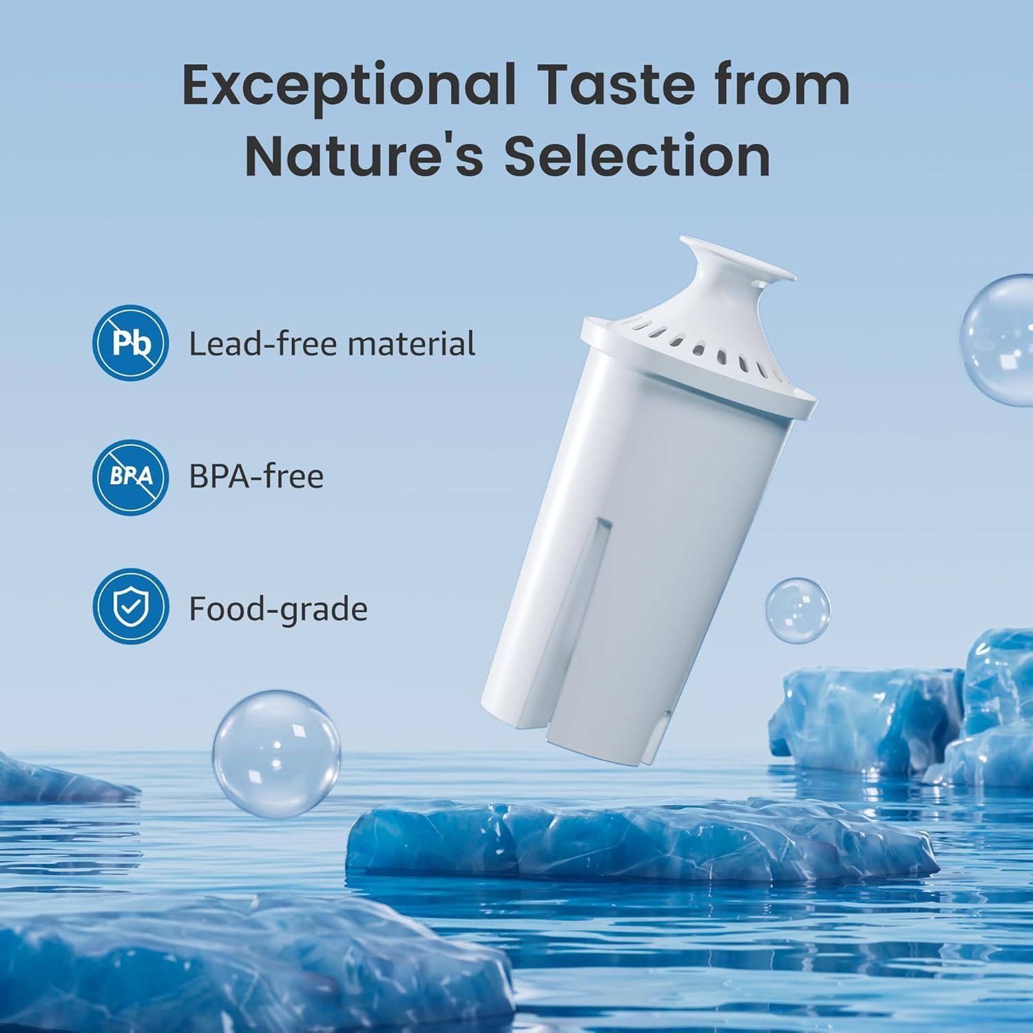 Communicates that the water filter is made from safe, non-toxic materials to reassure health-conscious shoppers about product safety and quality. Highlights three distinct safety certifications in a…