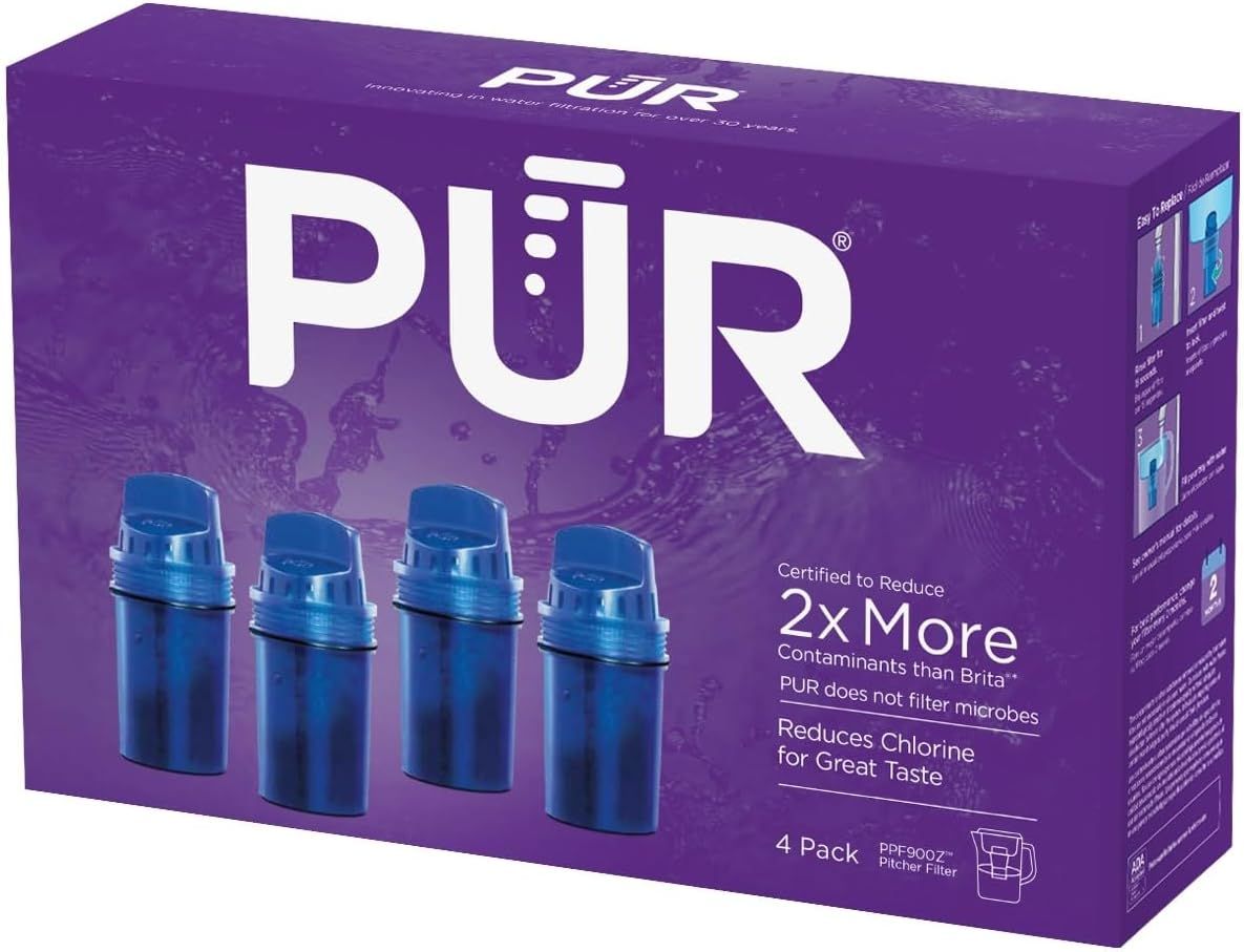 Communicates multiple key benefits of the PUR water filters, emphasizing superior contaminant reduction compared to competitors, chlorine reduction for better taste, and microbe filtering capability…