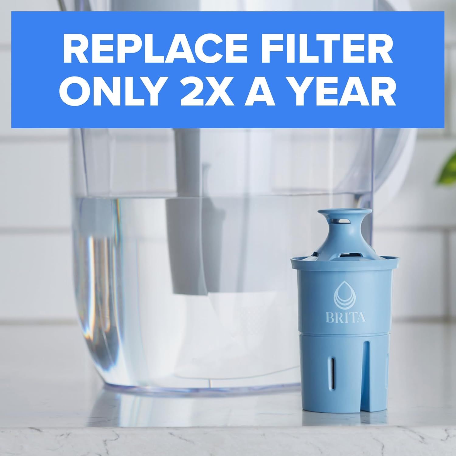 Communicates the convenience and cost-effectiveness of the filter by emphasizing that it only needs to be replaced twice a year, reducing maintenance hassle and ongoing costs for the shopper.