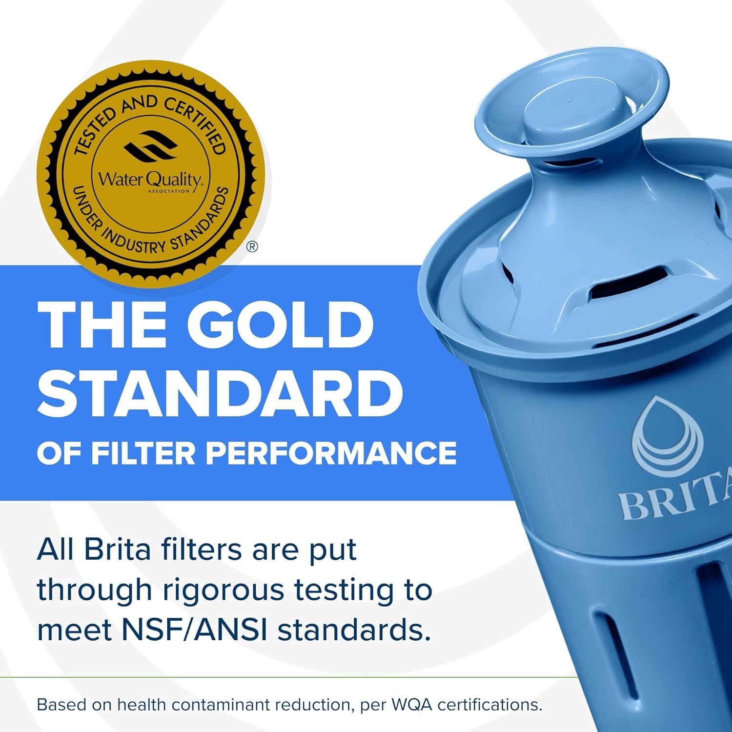 Communicates that the Brita filter meets rigorous third-party safety and quality standards, reassuring shoppers of the product's reliability and performance in reducing health contaminants.…