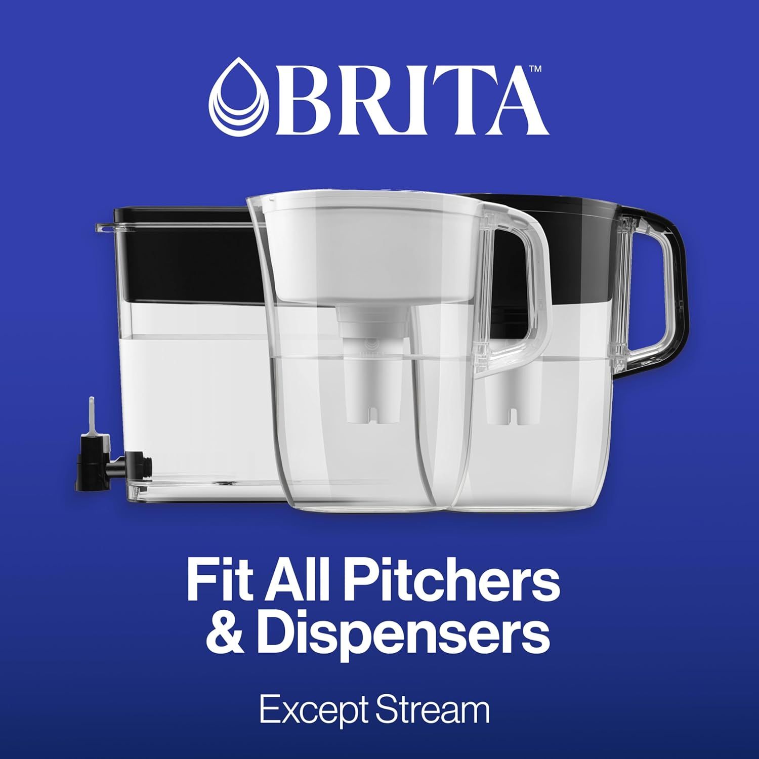 Communicates that the Brita filter fits all pitcher and dispenser models except Stream, reassuring shoppers about broad compatibility and versatility.
