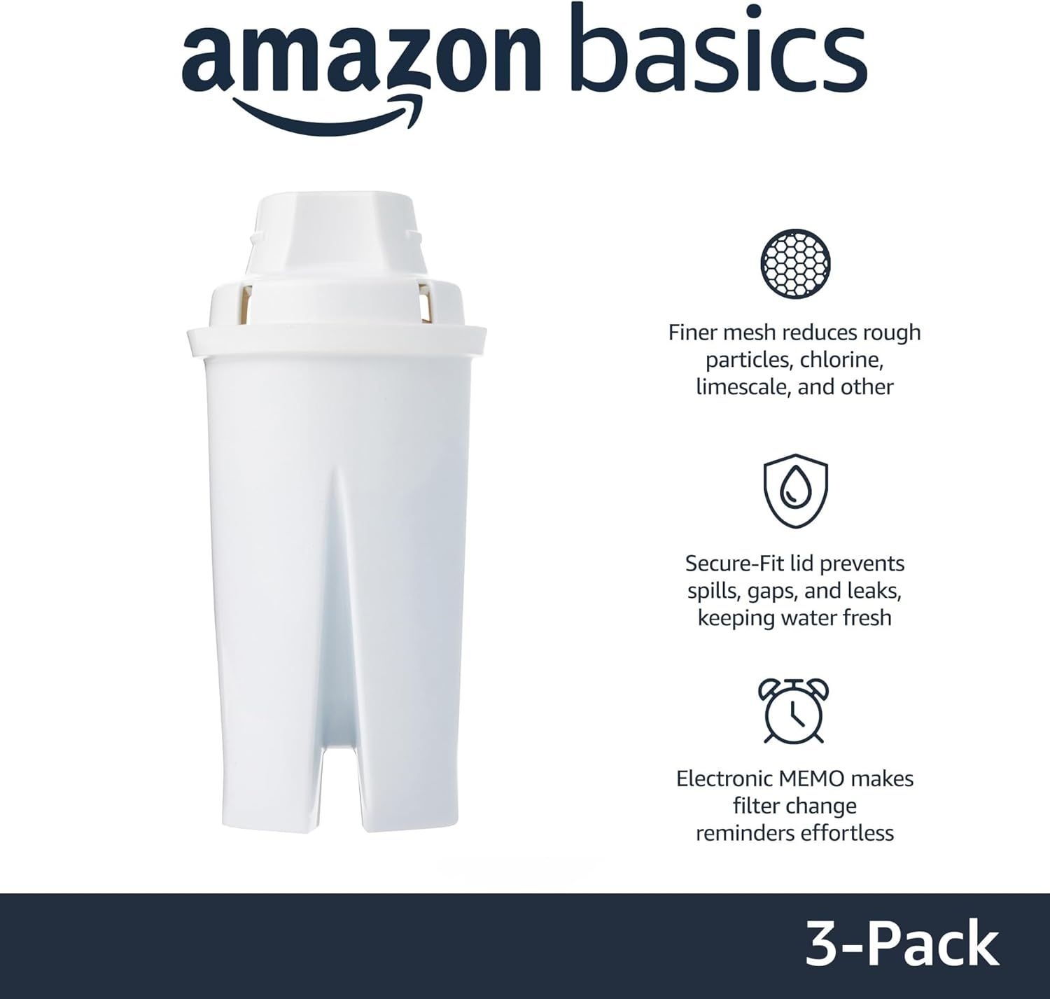 Communicates three distinct product benefits in a segmented layout to show shoppers why this water filter is effective, leak-proof, and convenient to maintain.
