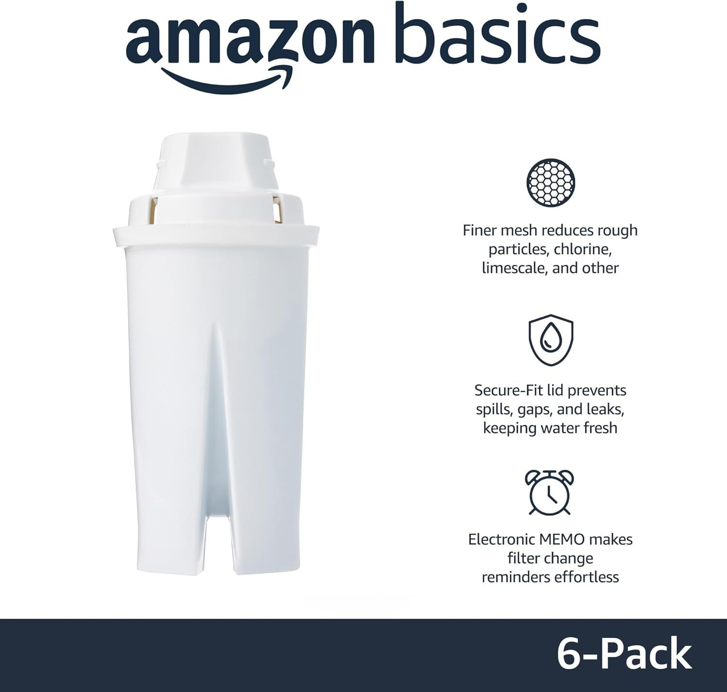 Communicates three distinct product benefits in a segmented layout: superior filtration, leak prevention, and convenient filter change reminders to help shoppers understand the key advantages of…