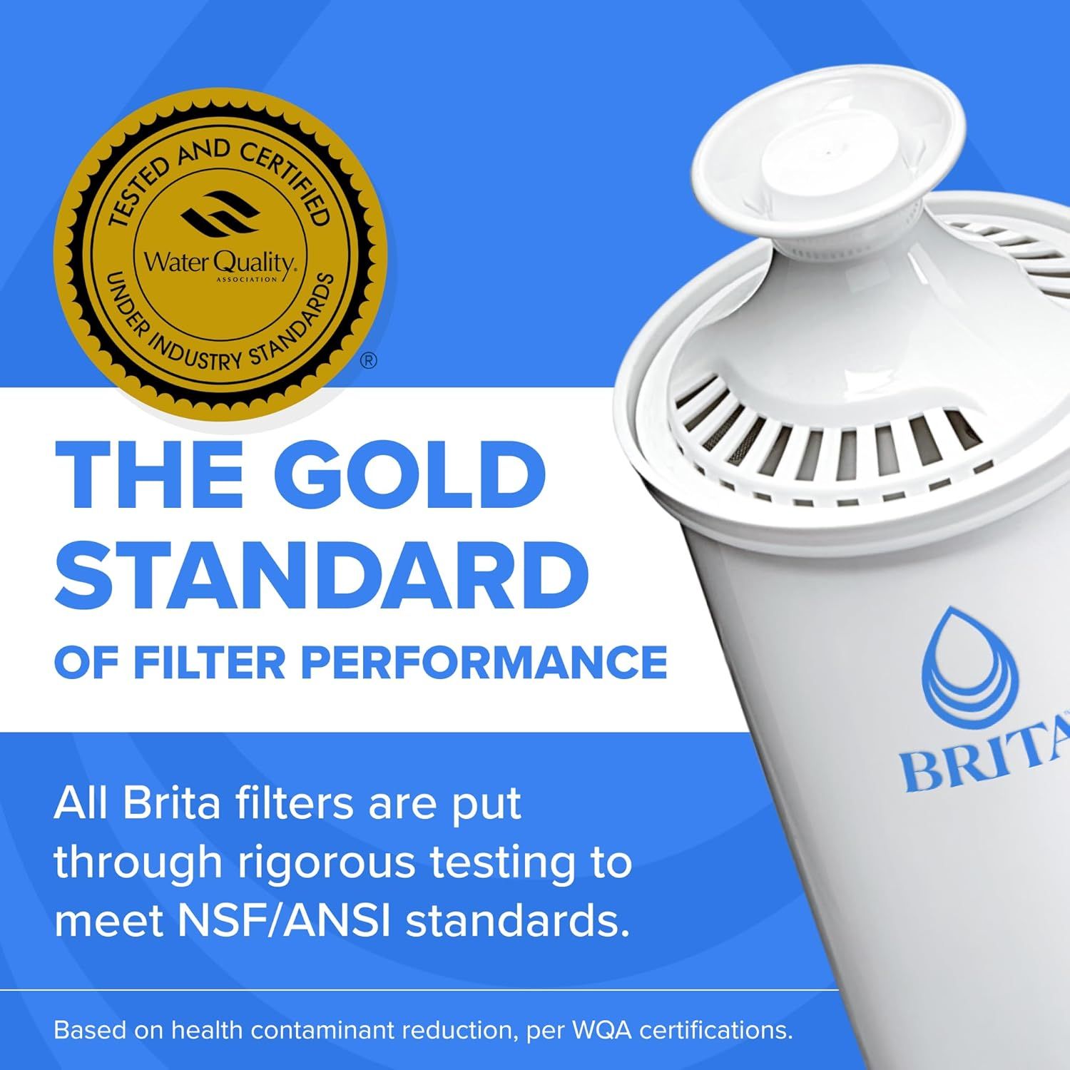 Communicates that the Brita filter meets rigorous industry safety and quality standards, reassuring shoppers of the product's certification and health safety credentials. Highlights the premium…