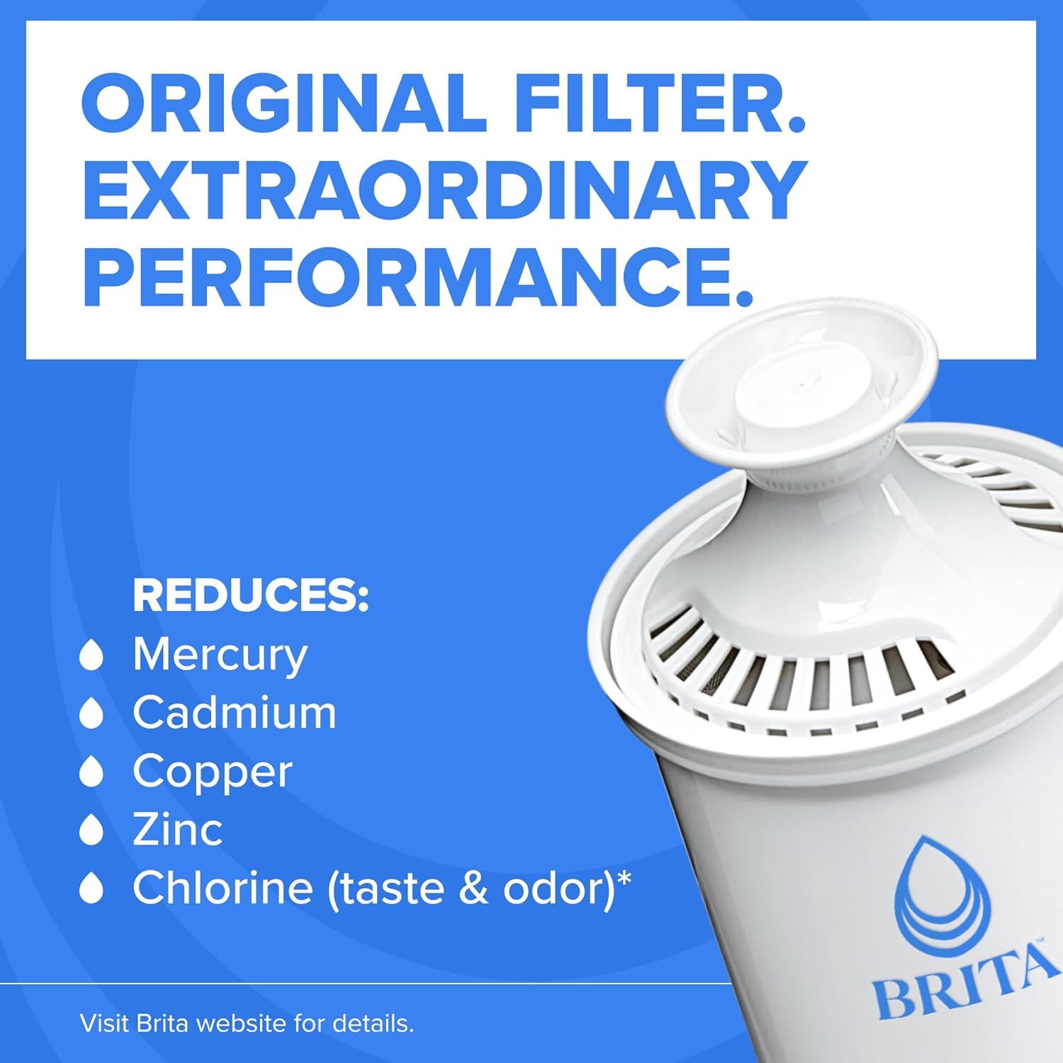 Communicates the filter's ability to reduce multiple harmful contaminants (mercury, cadmium, copper, zinc, and chlorine) to reassure shoppers of comprehensive water purification and safety.