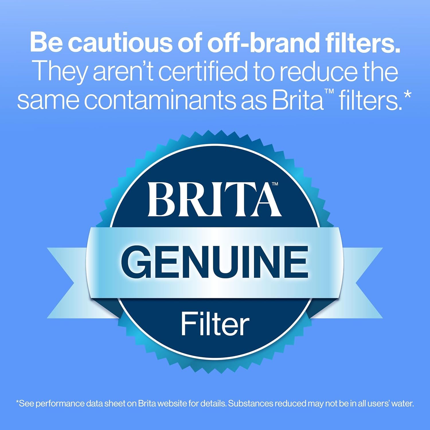 Warns shoppers against off-brand filters by emphasizing that only genuine Brita filters are certified to reduce contaminants, positioning Brita as the superior and safer choice.