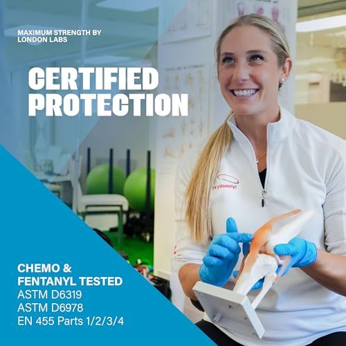 Communicates that the product has been rigorously tested and certified to protect against chemicals and fentanyl, providing safety reassurance through third-party lab validation and multiple ASTM/EN…