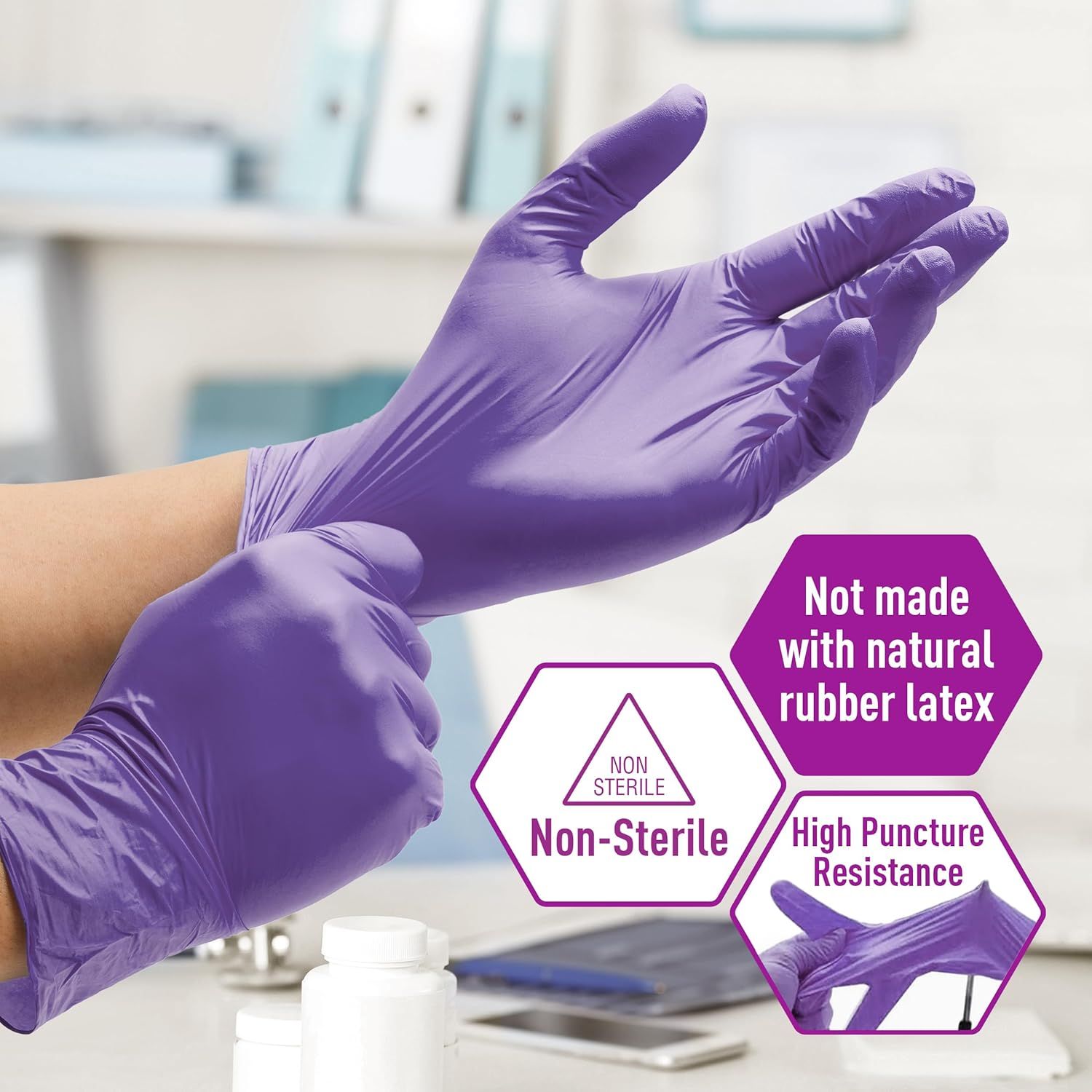 Communicates multiple key product features in a segmented layout to reassure shoppers about the glove's material composition, sterility status, and durability for safe use.