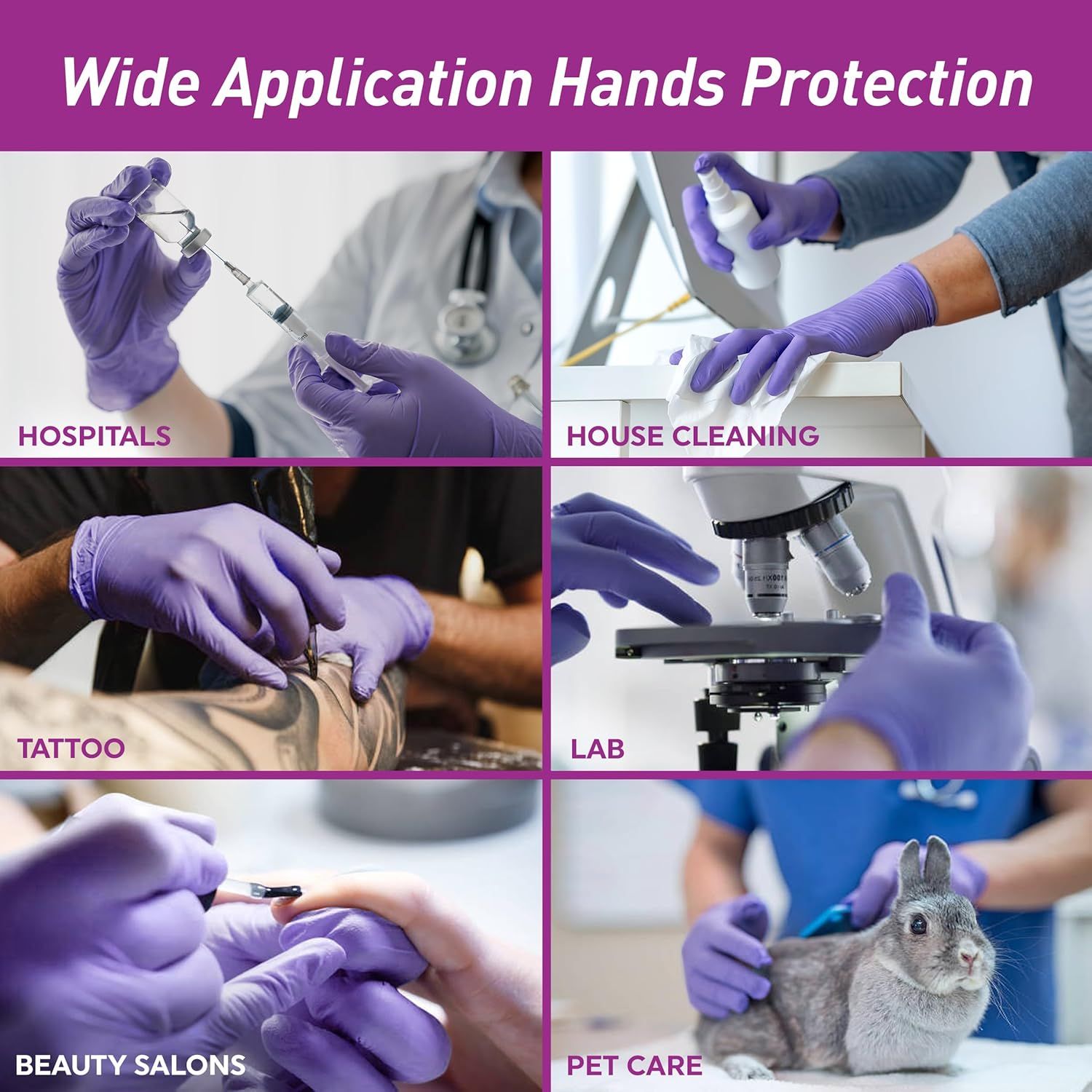 Demonstrates the versatility of the protective gloves by showing six different professional and personal use scenarios, reassuring shoppers that the product is suitable for a wide range of…