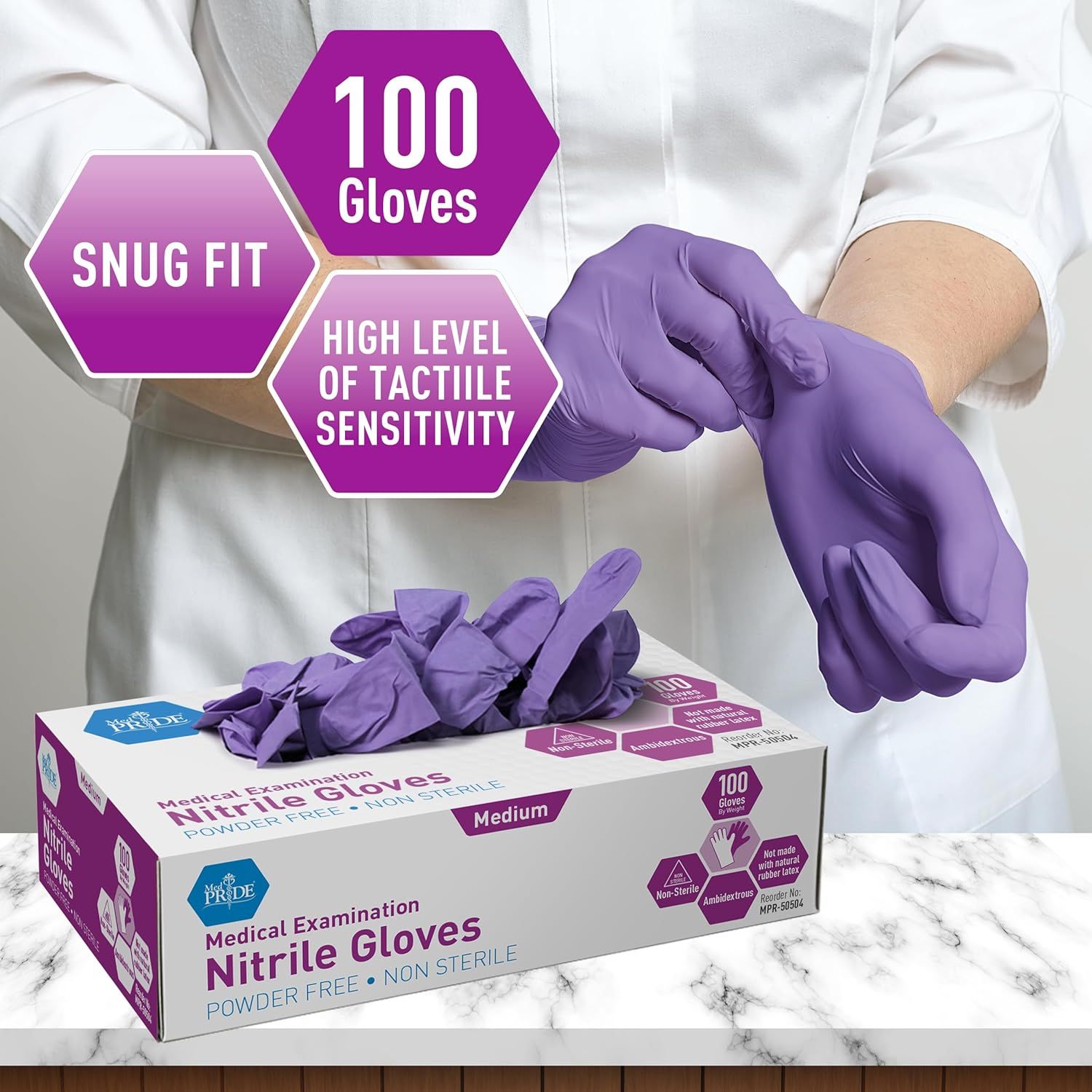 Communicates multiple key selling benefits of the nitrile gloves including fit quality, tactile sensitivity, and quantity per box to help shoppers understand the product's professional-grade features.