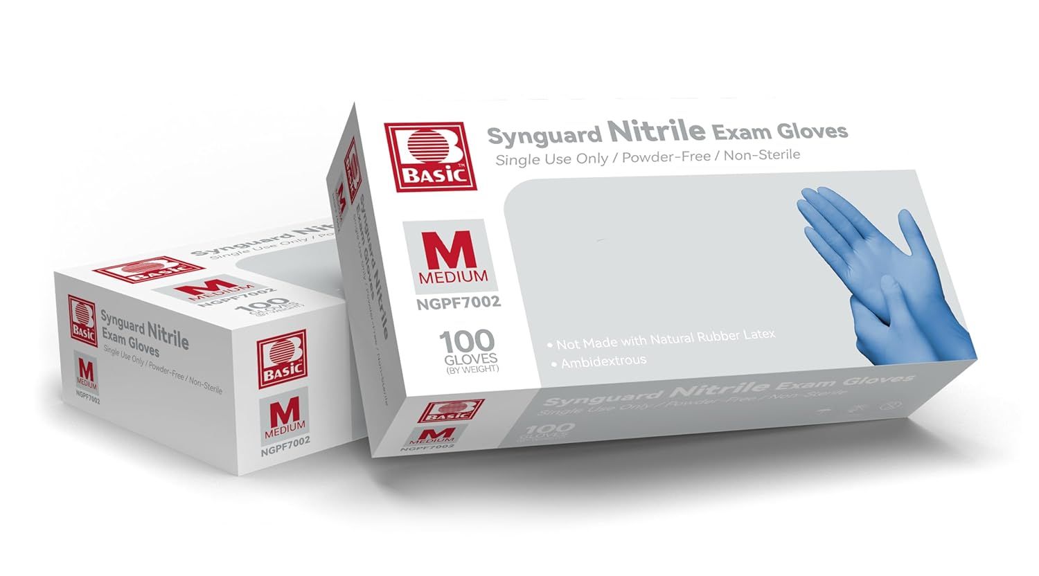 Shows the customer what they receive when purchasing: the product box, packaging details, size information (Medium, 100 gloves), and the actual blue nitrile gloves included.
