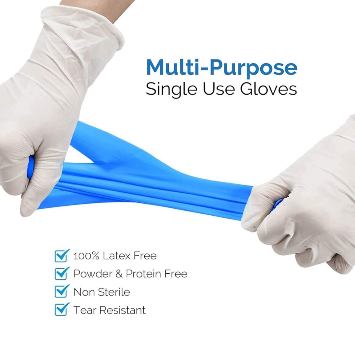 Communicates multiple key product features and benefits through a checklist format to reassure shoppers about the glove's material safety, durability, and multi-purpose versatility.