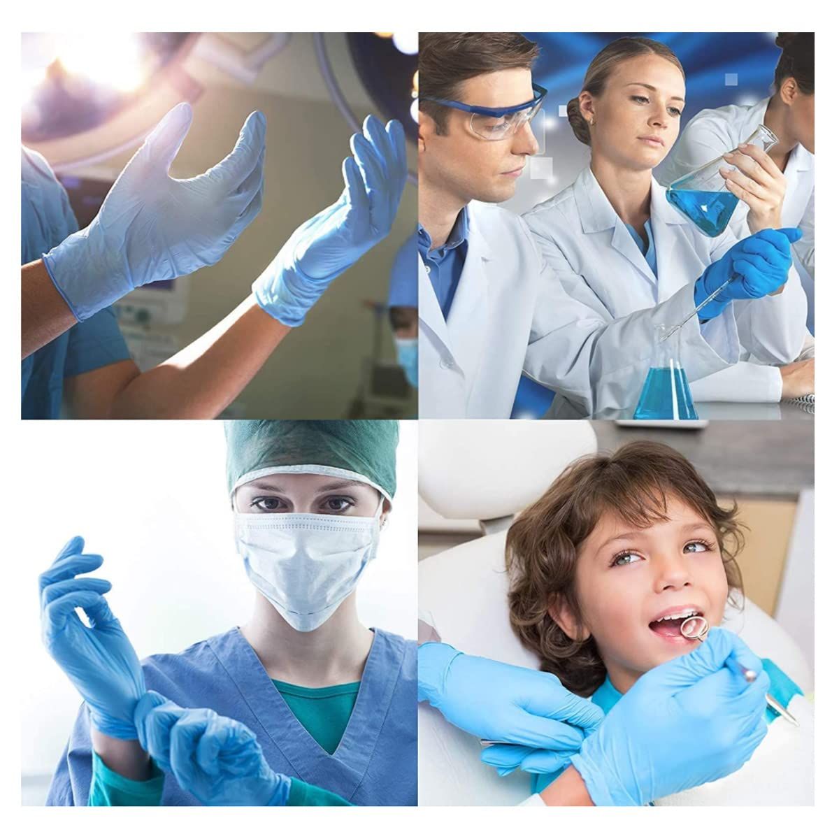 Demonstrates the versatility of the gloves across multiple professional settings including laboratory work, medical procedures, and dental care to show shoppers the wide range of applications where…