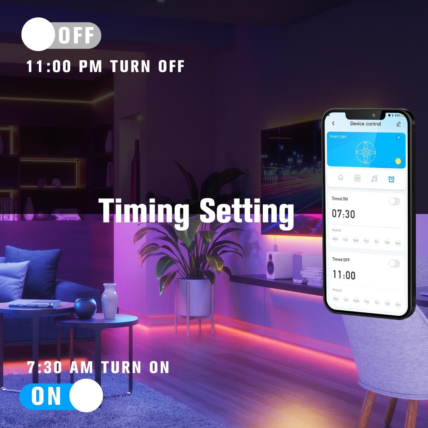 Demonstrates the product's ability to automatically turn on and off at scheduled times (7:30 AM on, 11:00 PM off), providing convenience and energy efficiency for smart lighting control.