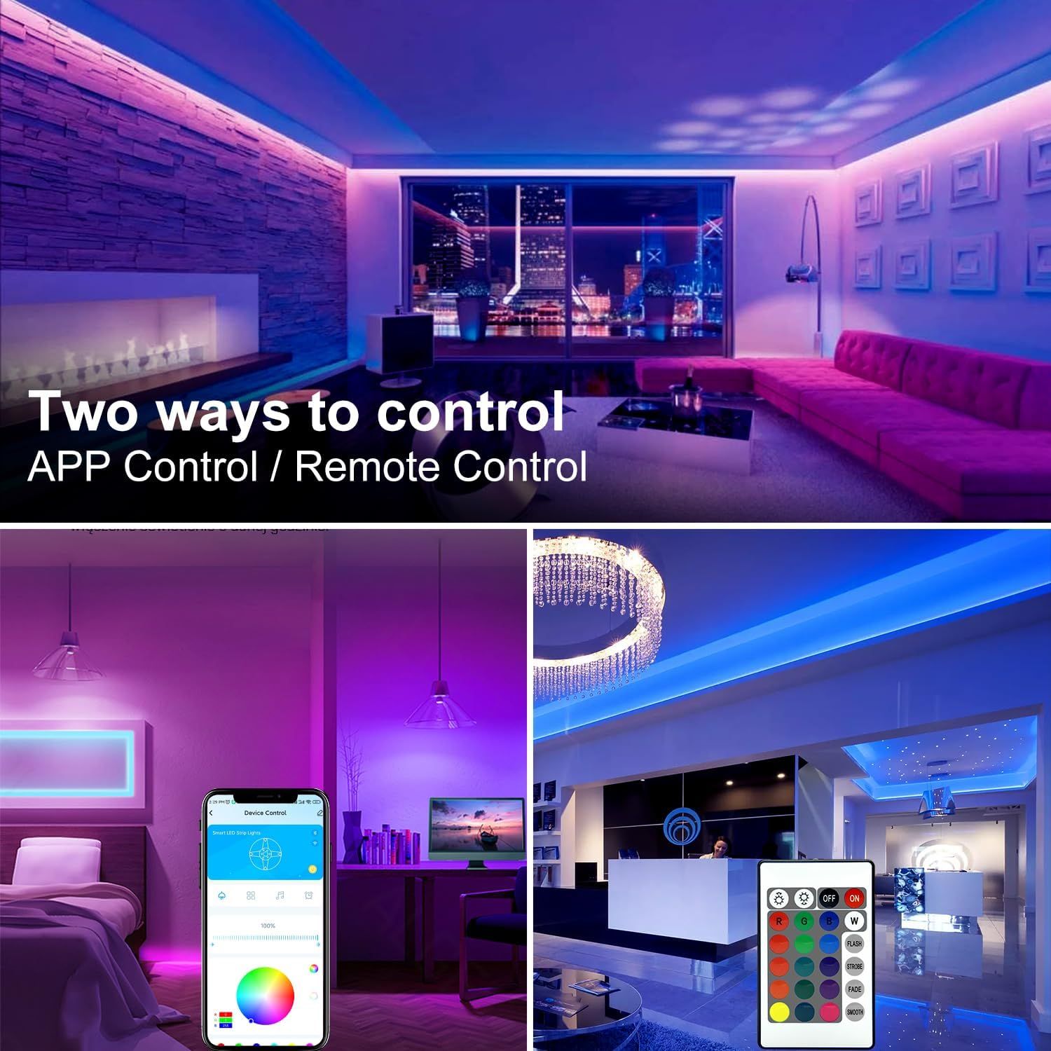Demonstrates the two ways shoppers can control the LED lighting product—via smartphone app or physical remote—to reassure them of flexible, convenient operation. Shows the product's versatility by…