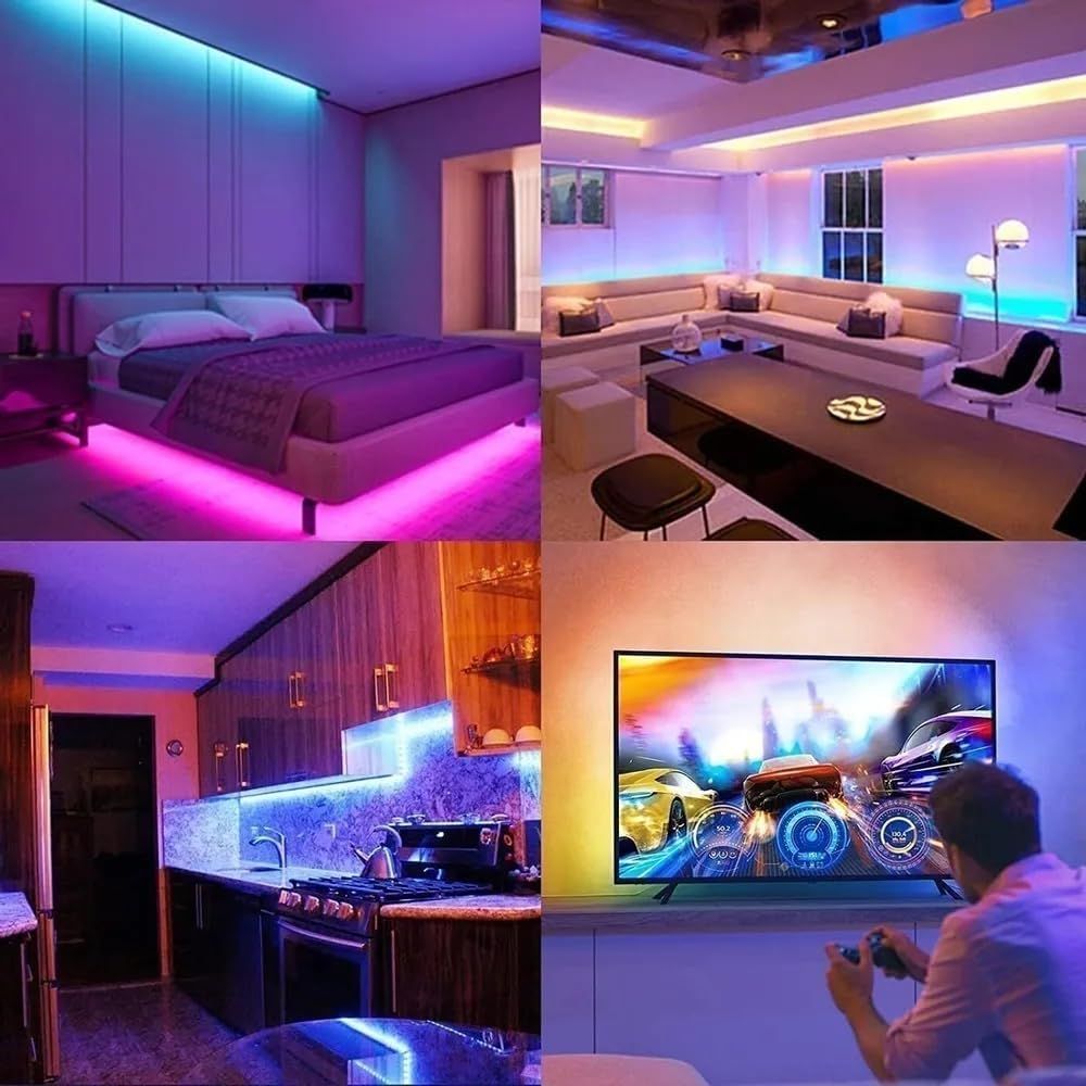 Demonstrates the versatility of the LED lighting product by showing it installed in multiple different rooms and use cases, reassuring shoppers that it works in various home environments.